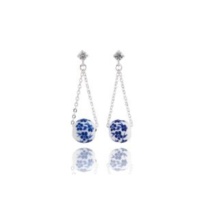 Ceramic Floral Drop Silver Plated Earrings Blue